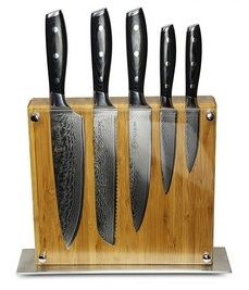 Stallion Damast Messer - Messerset aus Damaszenerstahl mit Messerblock in Holzoptik